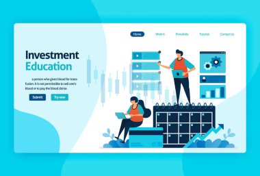 Yatırım eğitimi için iniş sayfası tasarımı. Stratejili, analizli, planlı borsa. Sermaye piyasası büyümesi, yatırımların dönüşü. afiş, illüstrasyon, web, web sitesi, mobil uygulamalar için