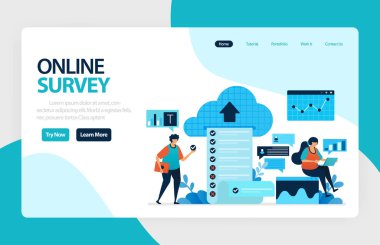 İniş sayfası çevrimiçi anket. Memnuniyet geri bildirimi, inceleme formu servisi, Sınav Seçimleri Düz karakter öğrenme ve araştırma danışmanları. pankart, illüstrasyon, web, web sitesi, mobil uygulamalar, broşür