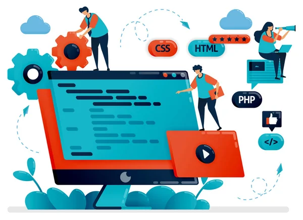 Het ontwerpen van programma, web, apps op monitor scherm of desktop. Teamwork in het ontwikkelen van programmering. Debugging ontwikkelingsproces. Vector illustratie voor website homepage header landing webpagina template — Stockvector