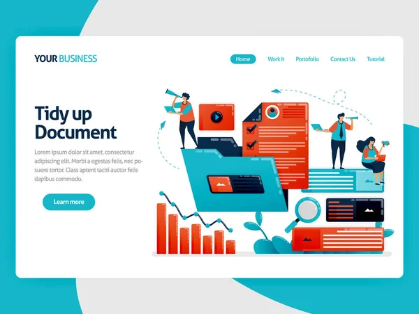 Gestión de la carpeta de trabajo para optimizar el rendimiento de la empresa. Organice documentos y datos en carpetas para aumentar el crecimiento del negocio. Personaje plano de dibujos animados para landing page, sitio web, móvil, volante, cartel — Vector de stock
