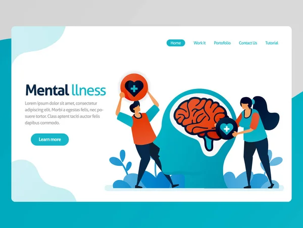 Illustration of mental illness. People love to brain problem. Health therapy for trouble people. Mental healing and treatment. Vector cartoon for website homepage header landing web page template apps — Stock Vector