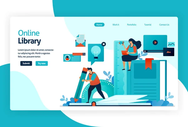 Illustration of landing page for digital library. repository or collection of online database of text, images, audio, video, or other media format. organizing, searching, and retrieving book and print — Stock Vector