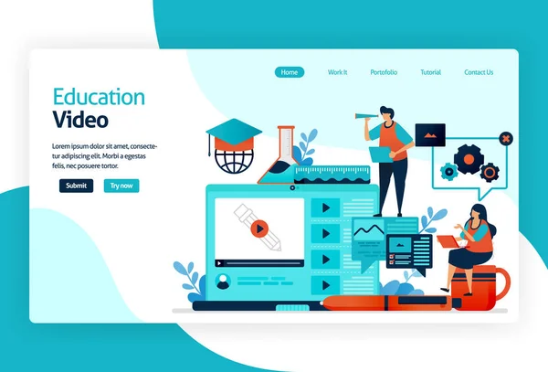 Illustration of landing page for education video. transferring knowledge knowledge, skill, value, habit in digital technology platform. instruction to complete task to interactive problem solving — Stock Vector