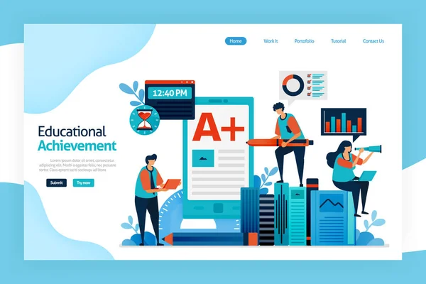 Landing page of educational achievement. Academic performance, student, teacher, institution goal. improve learning skills, knowledge, planning, critical thinking. designed for website, mobile apps — Stock Vector