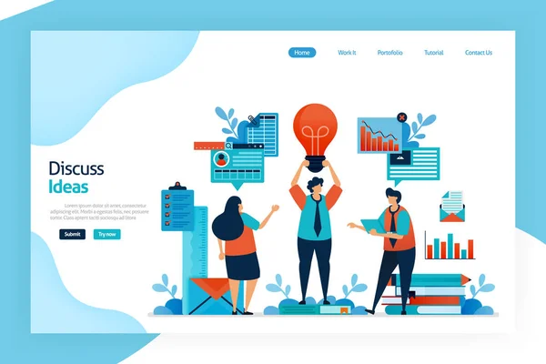 Landing page de discutir la idea. Lluvia de ideas para tener una idea de negocio que innovador, único, la resolución de problemas, rentable. Mejorar la estrategia empresarial y la innovación de productos. Para el sitio web, aplicaciones móviles — Vector de stock