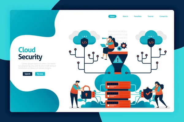 Cloud Security Landing Page Design. Schutz und Sicherheit des Datenbankzugriffs. Sicherheit und Schutz personenbezogener Daten, Hacker- und Internetkriminalität. Vektorillustration für Poster, Website, Flyer, mobile App — Stockvektor