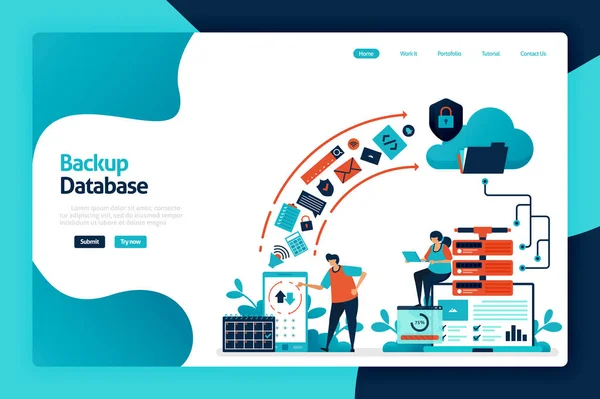 Back-up database landing page ontwerp. persoonlijke gegevens beveiligen met internetback-updiensten naar cloud en server. datacenter en netwerksysteem. vectorillustratie voor poster, website, flyer, mobiele app — Stockvector