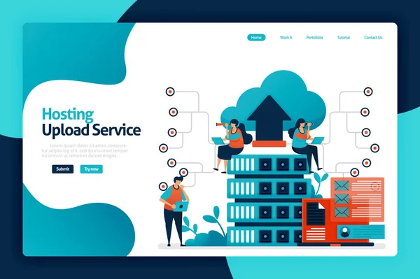 Diseño de landing page de servicio de carga de hosting. base de datos de carga de red a servicios de servidor, nube, hosting. copia de seguridad de datos y protección de acceso. ilustración vectorial para póster, sitio web, folleto, aplicación móvil — Vector de stock