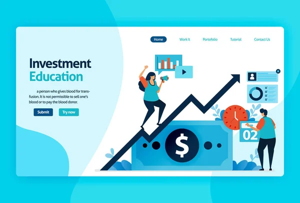 Desain vektor halaman pendaratan untuk pendidikan investasi. pasar saham dengan strategi, analisis, perencanaan. pertumbuhan pasar modal, kembalinya investasi. untuk spanduk, ilustrasi, web, website, aplikasi mobile - Stok Vektor