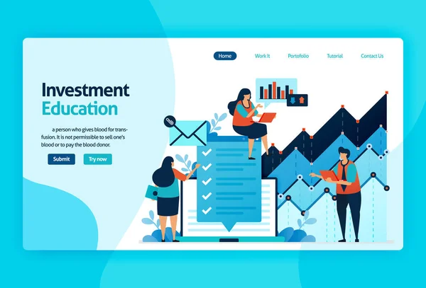 Design de vetor de landing page para educação de investimento. mercado de ações com estratégia, análise, planejamento. crescimento do mercado de capitais, retorno do investimento. para banner, ilustração, web, site, aplicativos móveis — Vetor de Stock