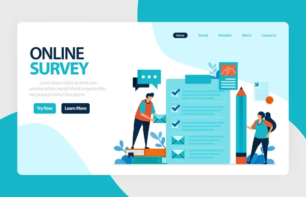 Landing page online survey. Satisfaction feedback, review form service, Exams Choices Flat character for learning and survey consultants. for banner, illustration, web, website, mobile apps, flyer — 스톡 벡터