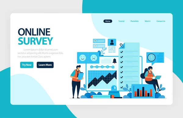 Landing page online survey. Satisfaction feedback, review form service, Exams Choices Flat character for learning and survey consultants. for banner, illustration, web, website, mobile apps, flyer — 스톡 벡터
