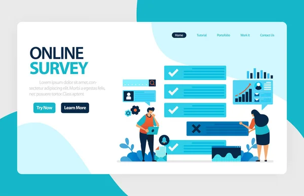 Landing page online survey. Exams Choices Flat character for learning and survey consultants. research feedback opinion, choice checklist. for banner, illustration, web, website, mobile apps, flyer — 스톡 벡터