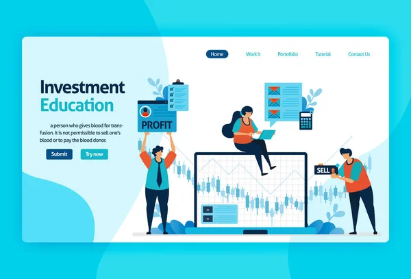 Landing page vektor design til investering uddannelse. afkast af investeringer med planlægning, aktiemarked og investeringsforeninger, fast indkomst, pengemarked. til banner, illustration, web, hjemmeside, mobile apps – Stock-vektor