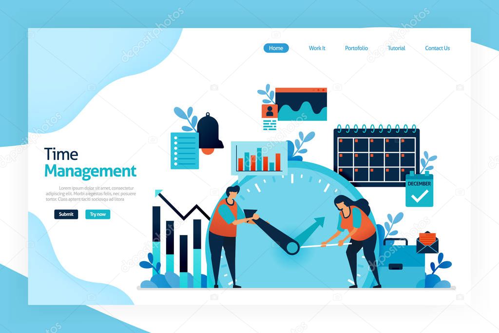 Landing page of Time management. planning, strategy control of time spent in activities. increase effectiveness, efficiency, and productivity on work, social life, family, hobbies, personal interests