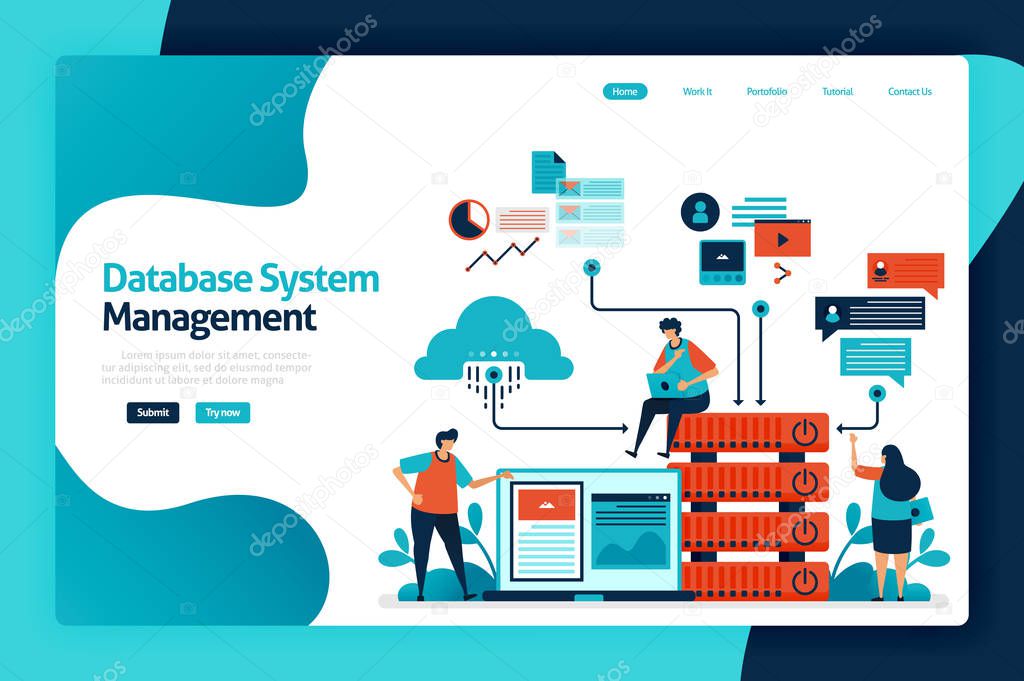 Database system management landing page design. manage, control and manage data access to databases, cloud storage network, chart and graph. vector illustration for poster, website, flyer, mobile app