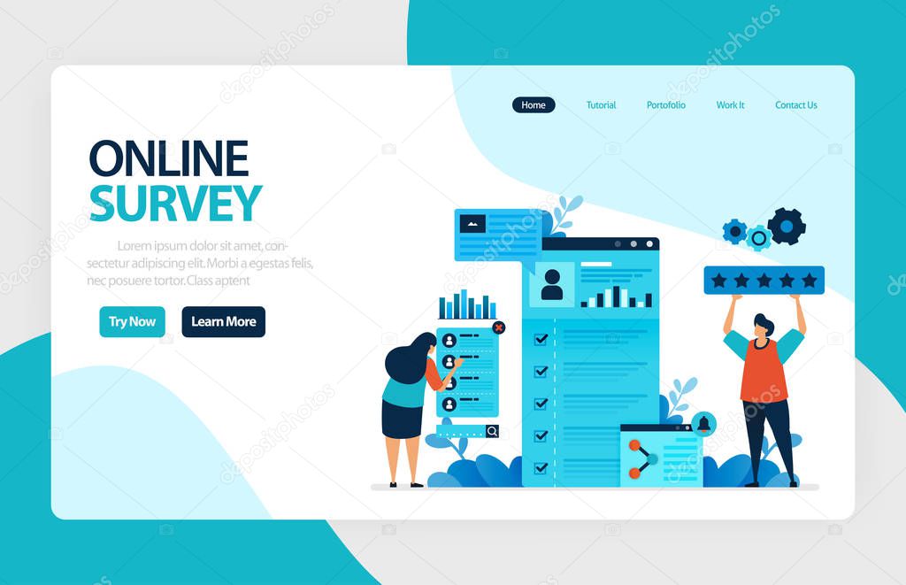 Landing page online survey. Exams Choices Flat character for learning and survey consultants. research feedback opinion, choice checklist. for banner, illustration, web, website, mobile apps, flyer