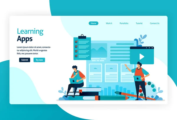 Illustration of landing page for Learning apps. Education process of learning knowledge, skills, values, beliefs, and habits. Digital technology in teaching, training, storytelling, discussion. — Stock Vector