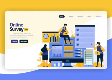 İniş sayfası düz tasarım çizimi ticari kullanıcı memnuniyeti geri bildirimi, değerlendirme istatistikleri ve planlama analizleri için çevrimiçi anket çizimi. Web siteleri, mobil uygulamalar, afişler, broşürler için