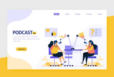 İniş sayfası düz tasarım podcast yayını. İnternet teknolojisi, modern halka açık röportajlar ve sesli online habercilik. Web siteleri, mobil uygulamalar, afişler, broşürler için