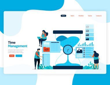 Zaman yönetiminin iniş sayfası vektörü ve iş programlama projesi, zamanında iş planlama ve yönetme, iş eksikliği, zamanla çalışma. Web sitesi, mobil uygulamalar, web sayfası, broşür, kart