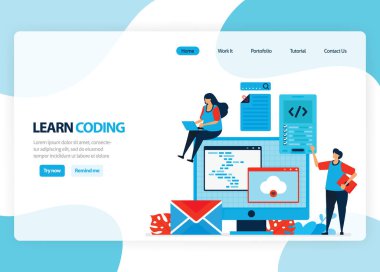 Vector homepage for learning programming and coding. Application development with a simple programming language. Flat illustration for landing page, template, ui ux, web, mobile app, banner, flyer clipart svg vector 