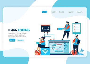 Vector homepage for learning programming and coding. Application development with a simple programming language. Flat illustration for landing page, template, ui ux, web, mobile app, banner, flyer clipart svg vector 