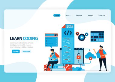 Vector homepage for learning programming and coding. Application development with a simple programming language. Flat illustration for landing page, template, ui ux, web, mobile app, banner, flyer clipart svg vector 