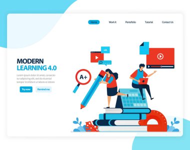 Modern öğrenmenin vektör illüstrasyonu 4.0. Dijital eğitimin verimliliği, öğrenme, eğitim. İniş sayfası, şablon, ui ux, web sitesi, mobil uygulama, afiş, broşür için düz çizgi film