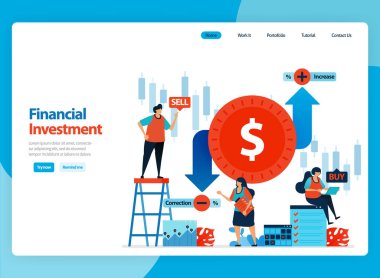 Finansal yatırımların ve döviz ticaretinin resimlenmesi için iniş sayfası vektör tasarımı. İniş sayfası, şablon, ui ux, web sitesi, mobil uygulama, afiş, broşür için düz çizgi film