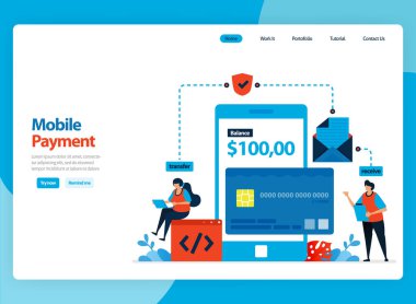 Taşınabilir ödeme sistemi ve nakitsiz koruma teknolojisi için iniş sayfası vektör tasarımı. İniş sayfası, şablon, ui ux, web sitesi, mobil uygulama, afiş, broşür için düz çizgi film çizimi