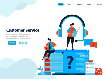 Müşteri hizmetleri ve yardım merkezinin web sitesi tasarımı. Müşteri sorularına ve şikâyetlerine cevap ver. İniş sayfası şablonu, ui ux, web sitesi, mobil uygulama, broşür, reklamlar için düz illüstrasyon
