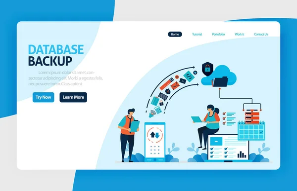Yedek veritabanı iniş sayfası tasarımı. Bulut ve sunucuya internet yedekleme hizmetleriyle kişisel verileri güvence altına alın. veri merkezi ve ağ sistemi. Poster, web sitesi, broşür, mobil uygulama için vektör çizimi