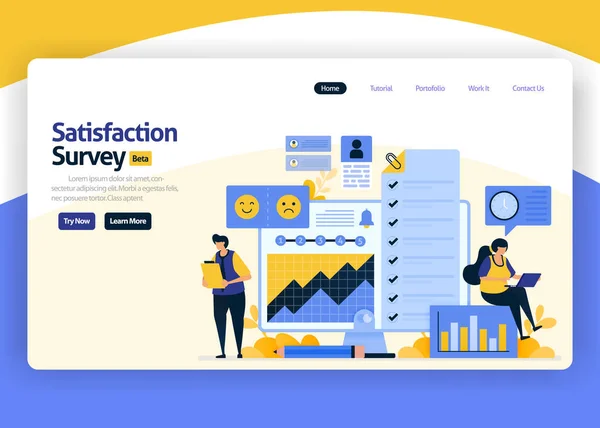 İniş sayfası düz tasarım tasarımı kullanıcı alışkanlığını analiz ederek iş hizmetlerini geliştirmek için emoticonlar içeren tatmin anketlerinin gösterimi. Web siteleri, mobil uygulamalar, afişler, broşürler için