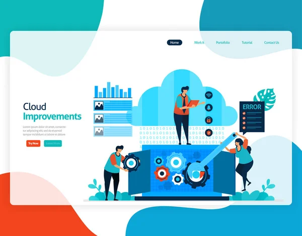 Homepage Landing Page Vettoriale Illustrazione Piatta Dei Miglioramenti Cloud Riparazione — Vettoriale Stock