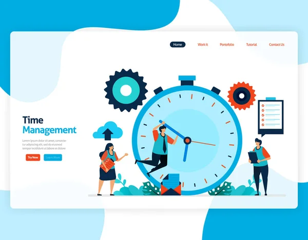 Zaman yönetiminin iniş sayfası vektörü ve iş programlama projesi, zamanında iş planlama ve yönetme, iş eksikliği, zamanla çalışma. Web sitesi, mobil uygulamalar, web sayfası, broşür, kart