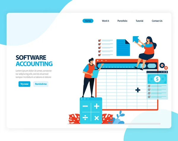 Muhasebe yazılımının vektör illüstrasyonu. Hesapların kolay hesaplanması için hesap tabloları. İniş sayfası, şablon, ui ux, web sitesi, mobil uygulama, afiş, broşür için düz çizgi film