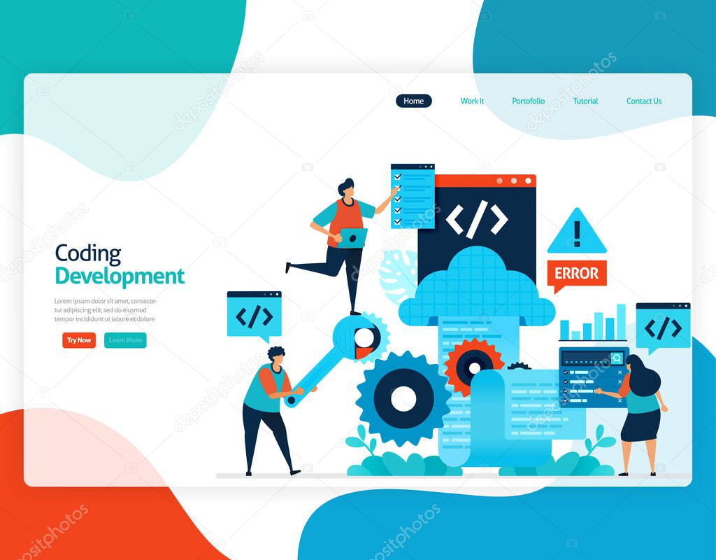homepage landing page vector flat illustration of coding development. repair and maintenance of cloud storage technology. security system in digital backup database. web, flyer, website, mobile apps