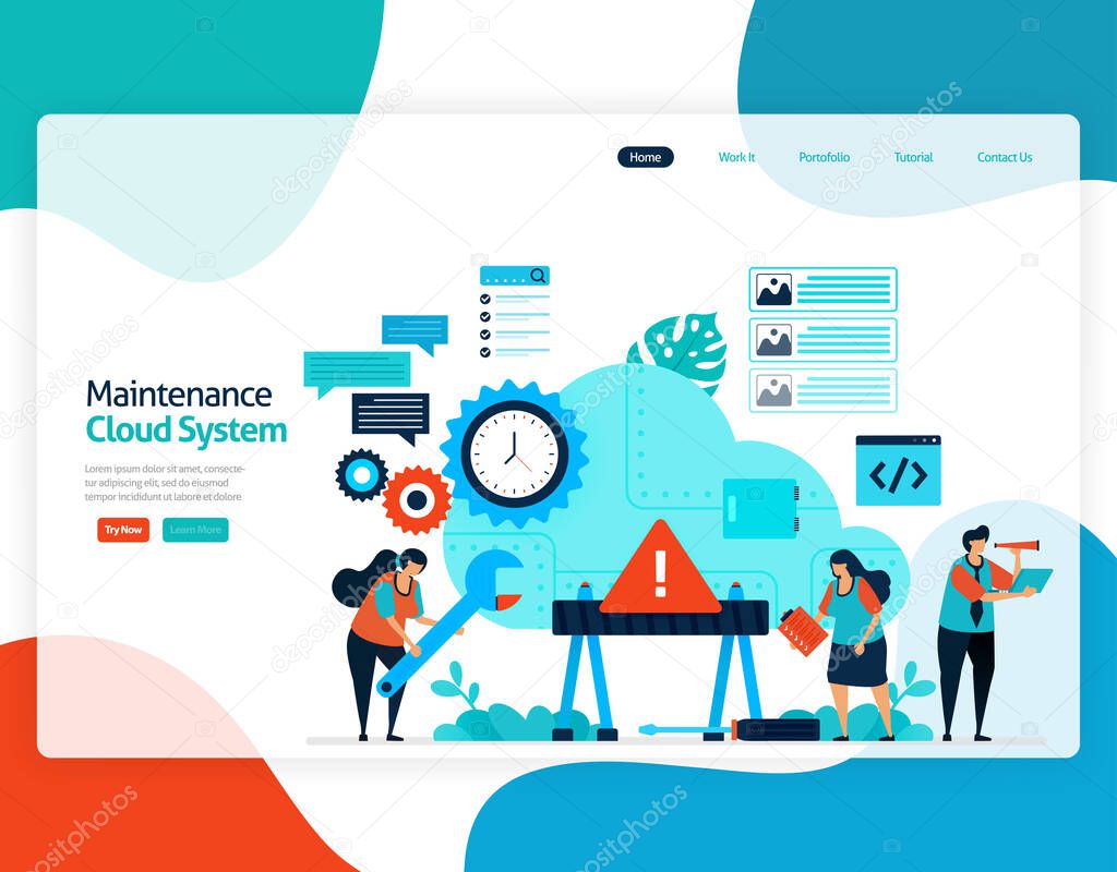 homepage landing page vector flat illustration of maintenance cloud system. repair and maintenance of storage technology. security system in digital backup database. web, flyer, website, mobile apps