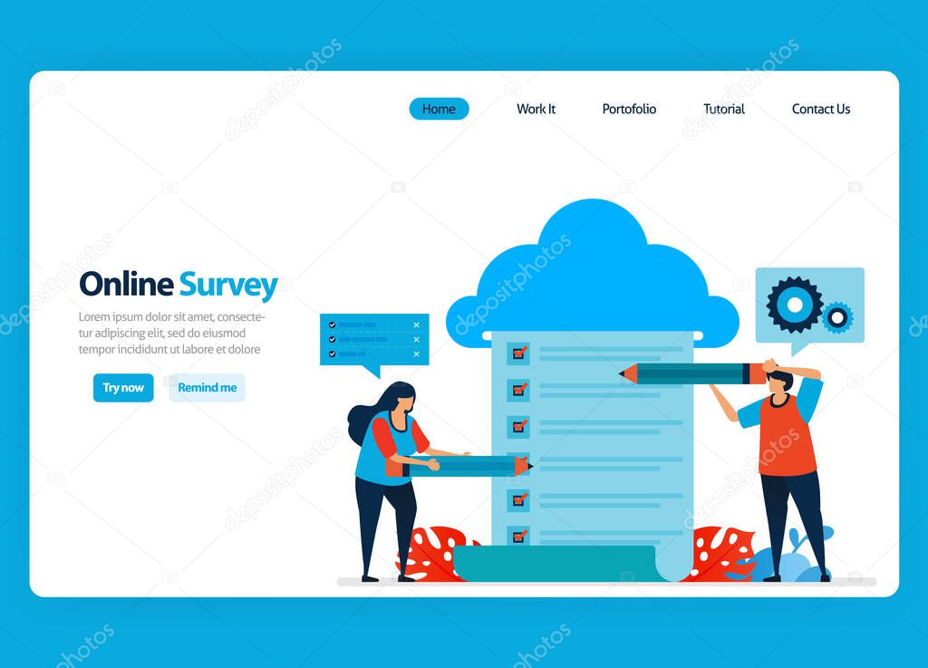 Landing page design for online survey and exam, hosting and server services to process survey results to big data and databases. Flat illustration for template, ui ux, website, mobile app, flyer