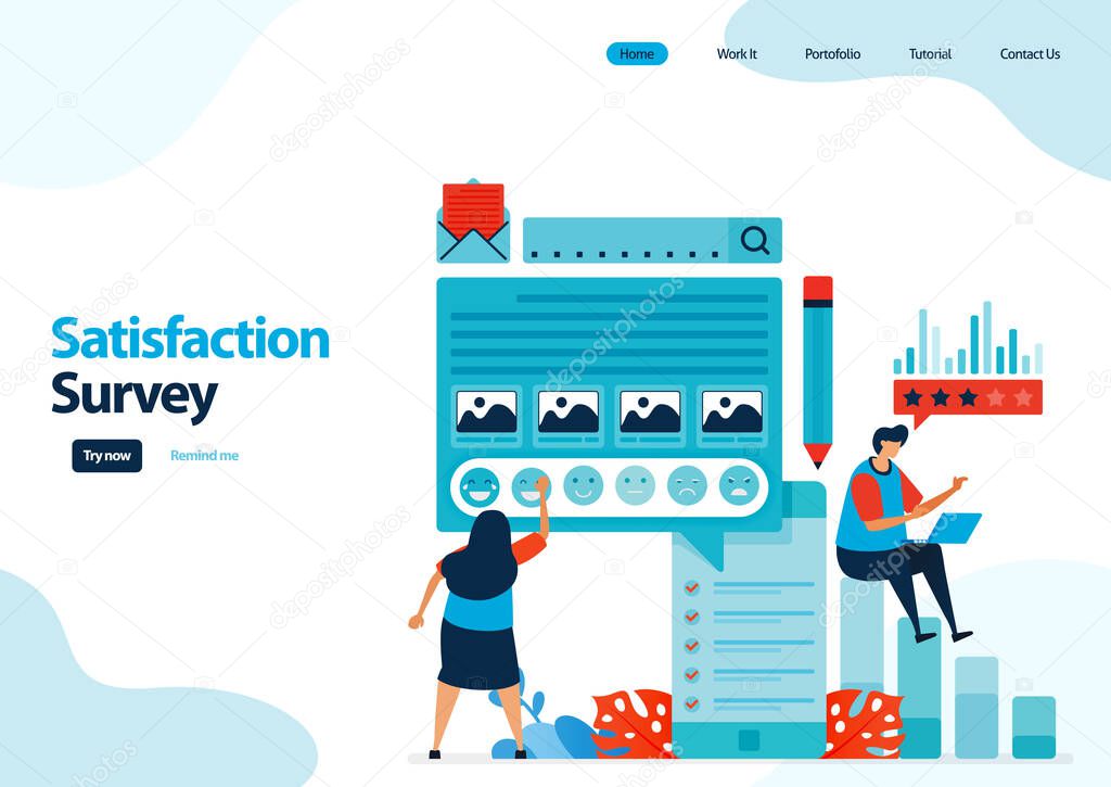 landing page template of emoticon satisfaction surveys. give rating and stars for apps services. good feedback with emoticons. illustration for banner, ui ux, website, web, mobile apps, flyer, card