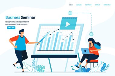 İş seminerinin vektör insan illüstrasyonu. Planlama ve strateji analizinde raporların sunumu. İniş sayfası, şablon, ağ, mobil uygulama, poster, afiş, broşür, arkaplan web sitesi için kullanılabilir