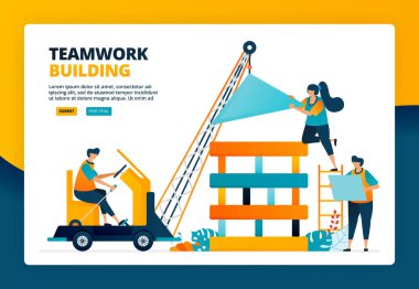 Bir inşaat yapan işçinin karikatür çizimi. Takım çalışması ve işbirliği içinde planlama ve strateji. İnsan gelişimi. İniş sayfası web paneli mobil uygulamaları için vektör tasarımı