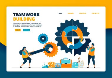 Sektördeki bulmacaları çözmenin çizgi film çizimi. Şirketi ilerletmek için bir takım kuruyorum. İnsan kaynakları geliştirme onarımı. İniş sayfası web paneli mobil uygulamaları için vektör tasarımı