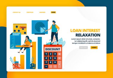 İş teşviki için kredi faizi indirimi anlaşması imzalamanın karikatür çizimi. İflası önlemek için bankacılık vergi affı. İniş sayfası web paneli mobil uygulamaları için vektör tasarımı