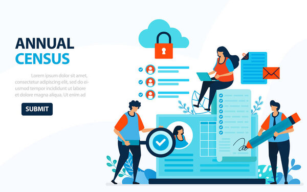 Векторная иллюстрация на перепись населения 2020 года. Цифровая концепция с обзором и проверкой. Может использоваться для размещения страницы, шаблона, веб-сайта, мобильного приложения, плаката, баннера, флаера, фона, рекламы
