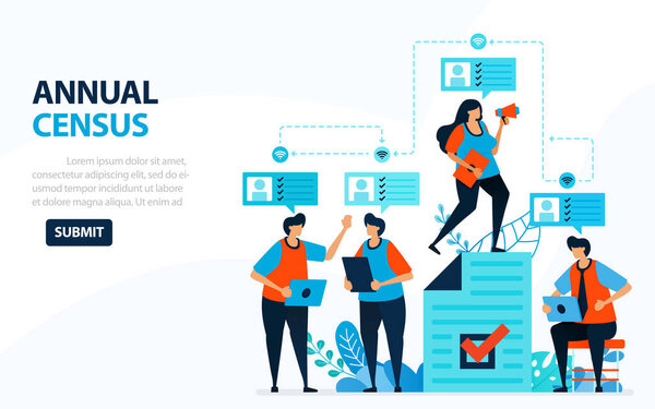 Векторная иллюстрация на перепись населения 2020 года. Цифровая концепция с обзором и проверкой. Может использоваться для размещения страницы, шаблона, веб-сайта, мобильного приложения, плаката, баннера, флаера, фона, рекламы
