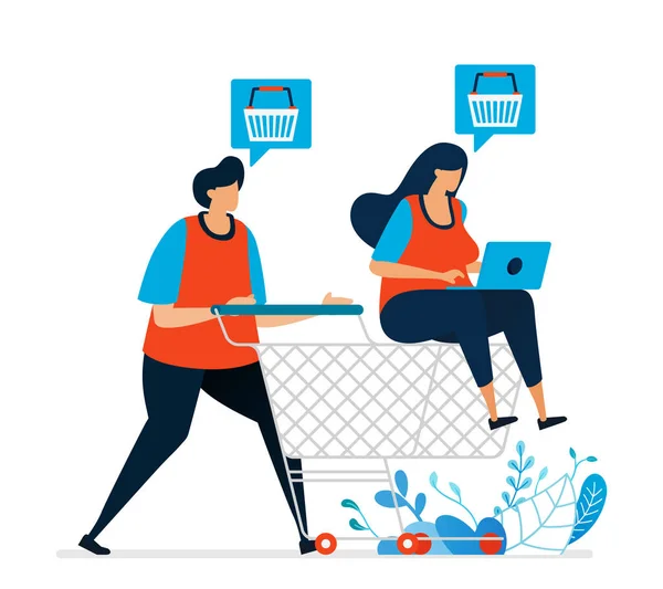 Vektor Illustration Eines Ladens Mit Einkaufswagen Supermarkt Online Einkaufen Mit — Stockvektor