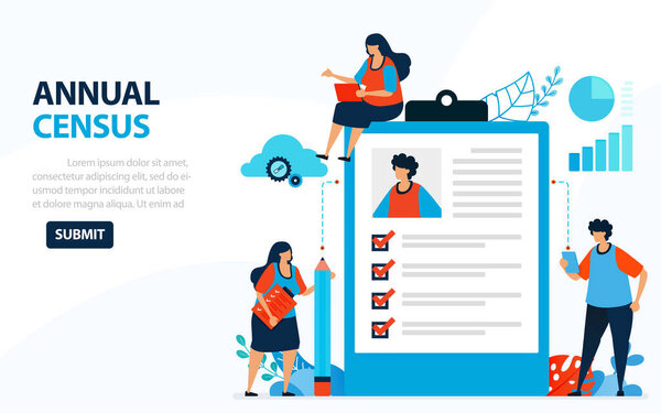 Векторная иллюстрация на перепись населения 2020 года. Цифровая концепция с обзором и проверкой. Может использоваться для размещения страницы, шаблона, веб-сайта, мобильного приложения, плаката, баннера, флаера, фона, рекламы
