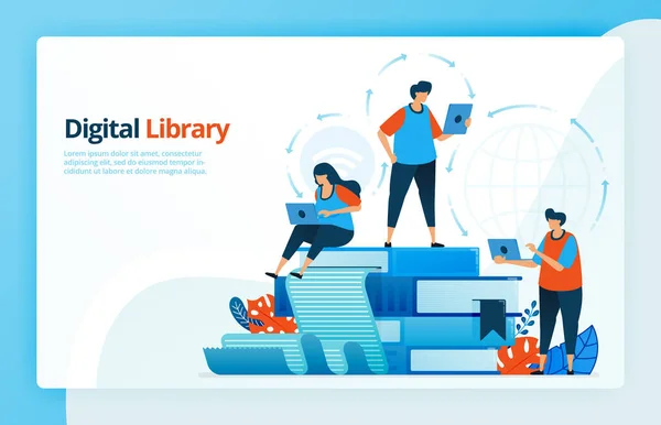 Illustrazione Vettoriale Delle Attività Dell Apprendimento Distanza Delle Biblioteche Digitali — Vettoriale Stock